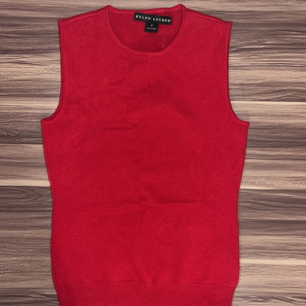 Ralph Lauren cashmere red sleeveless top. PERFECT FOR THE HOLLIDAYS. - Picture 3 of 11